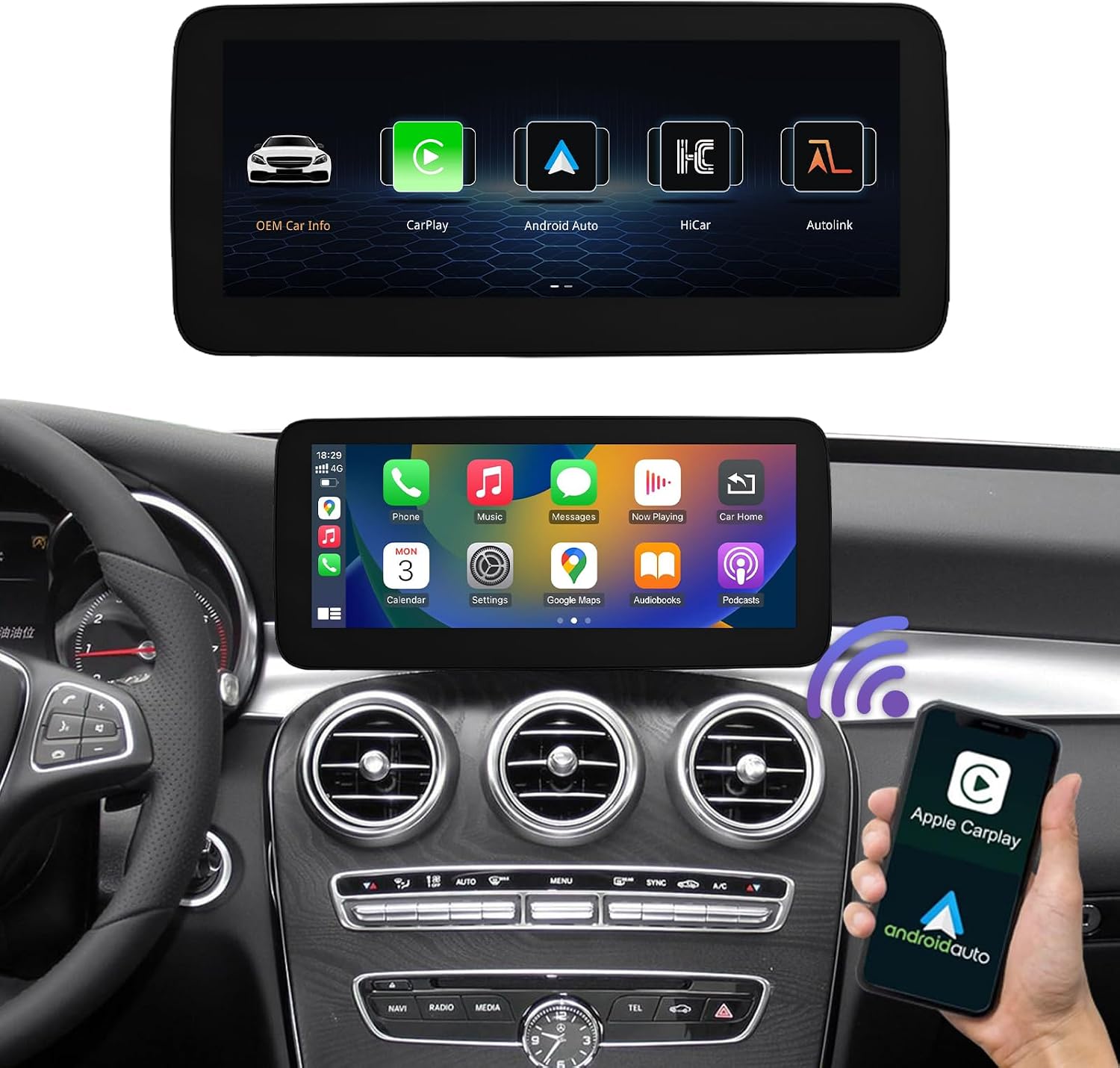 Detalle de Road Top Autoradio da 10,25 pollici con CarPlay senza fili e Android Auto per Mercedes NTG5.0/5.1/5.2 (W205/W447, 2016-2018)