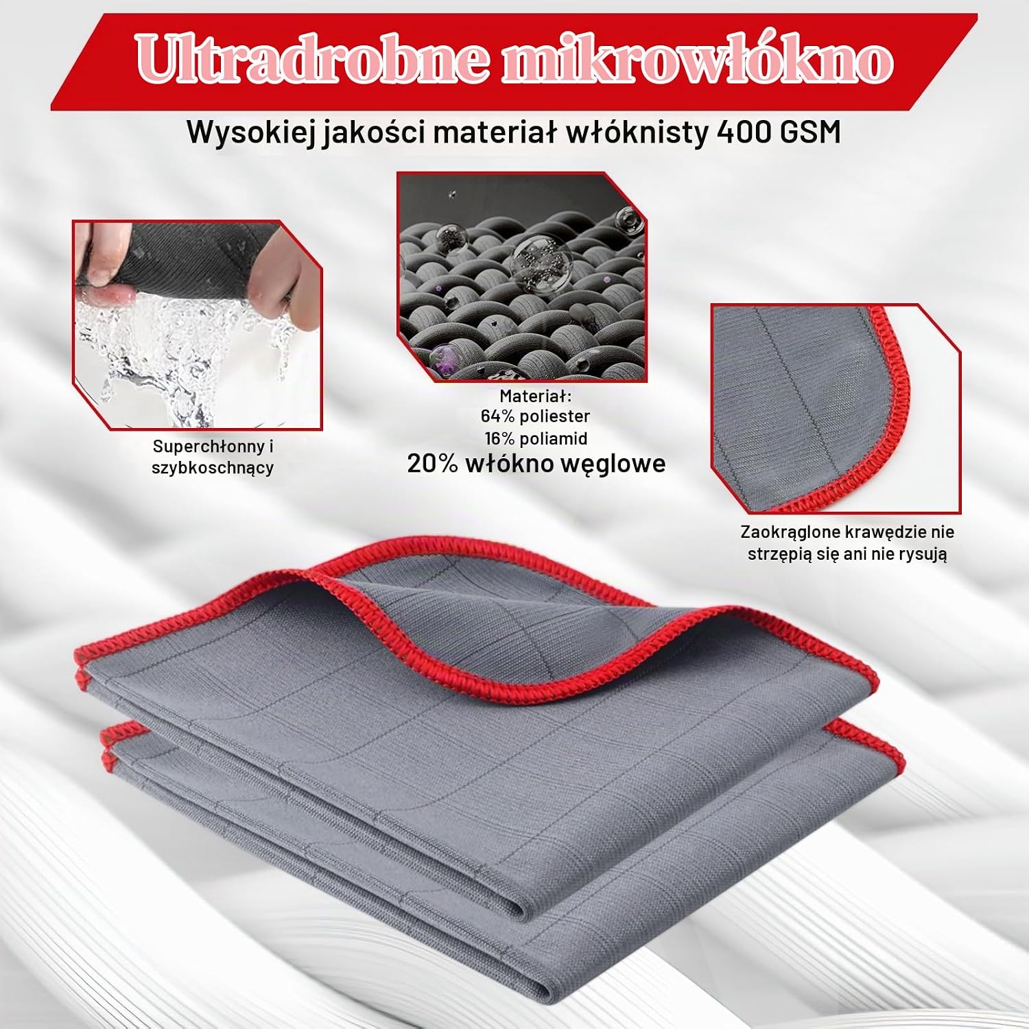 Detalle 2 de lompyeu QJB8PC – ściereczki do szyb z mikrofibry z włóknem węglowym, 30 × 30 cm