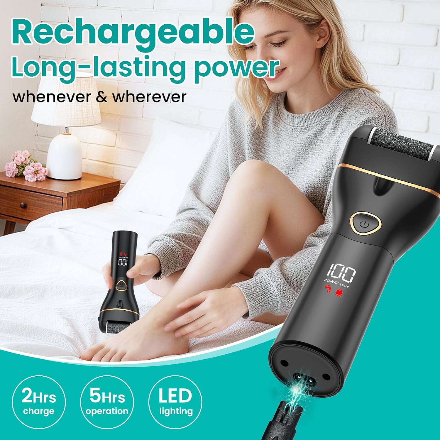 Detalle de Rapeuse pieds électrique – kit pédicure professionnel anti-callosités, 2 vitesses, 3 rouleaux, IPX7