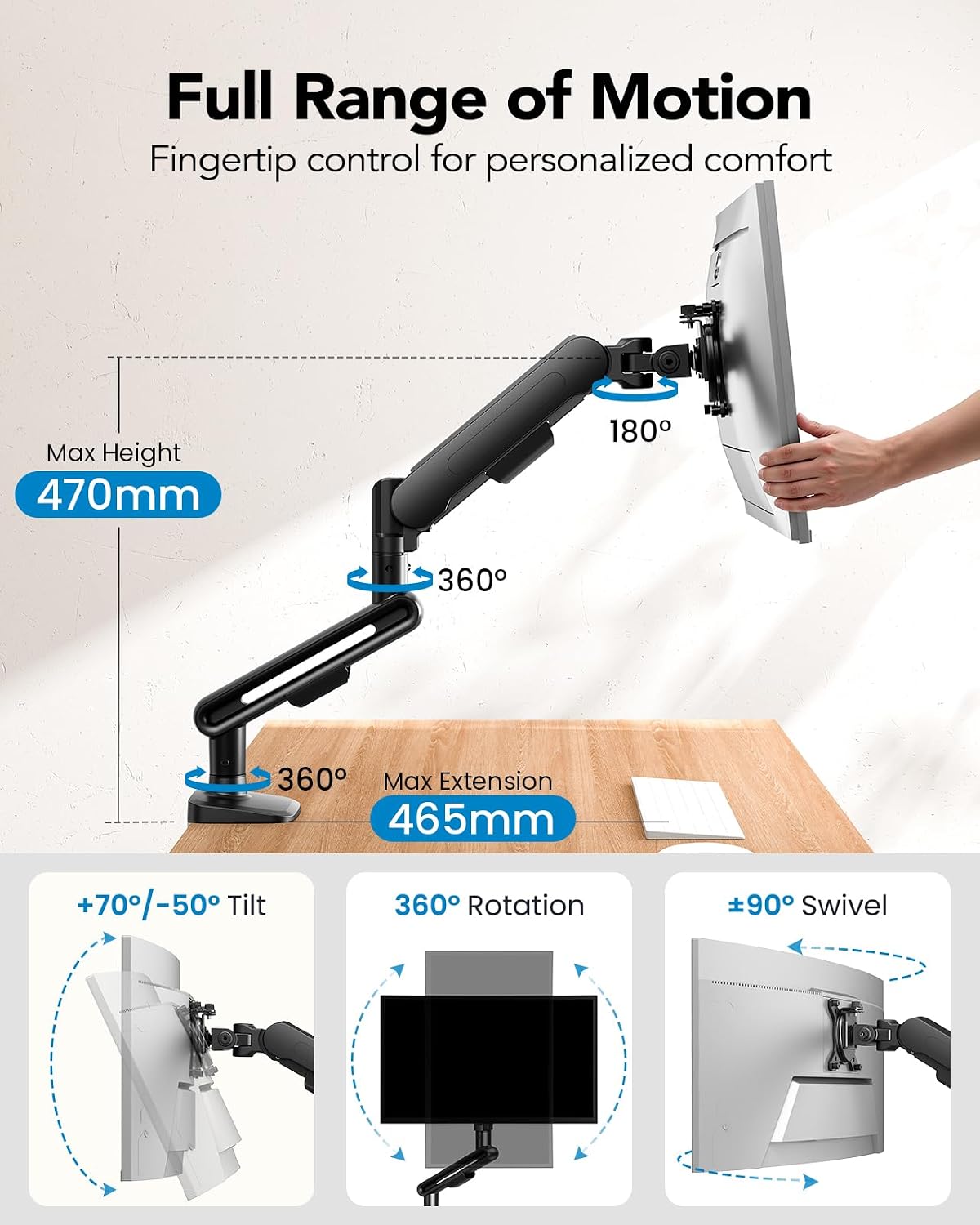 Thumbnail 4 de HUANUO Ultrawide Monitor Arm for 13"–40" Screens (NITROGLIDE, 12kg) with C-Clamp or Grommet Base