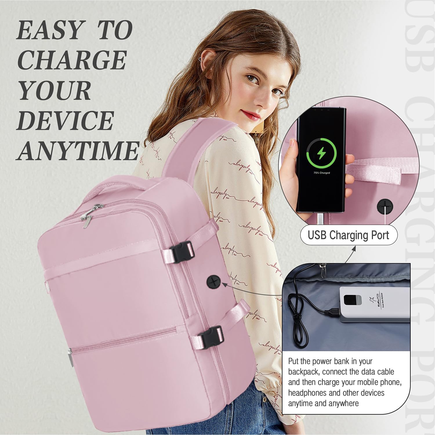Detalle de Ryanair 40x30x20 Underseat Cabin Bag — Waterproof Travel Backpack with USB Hole, Anti‑Theft Pocket & Trolley Sleeve