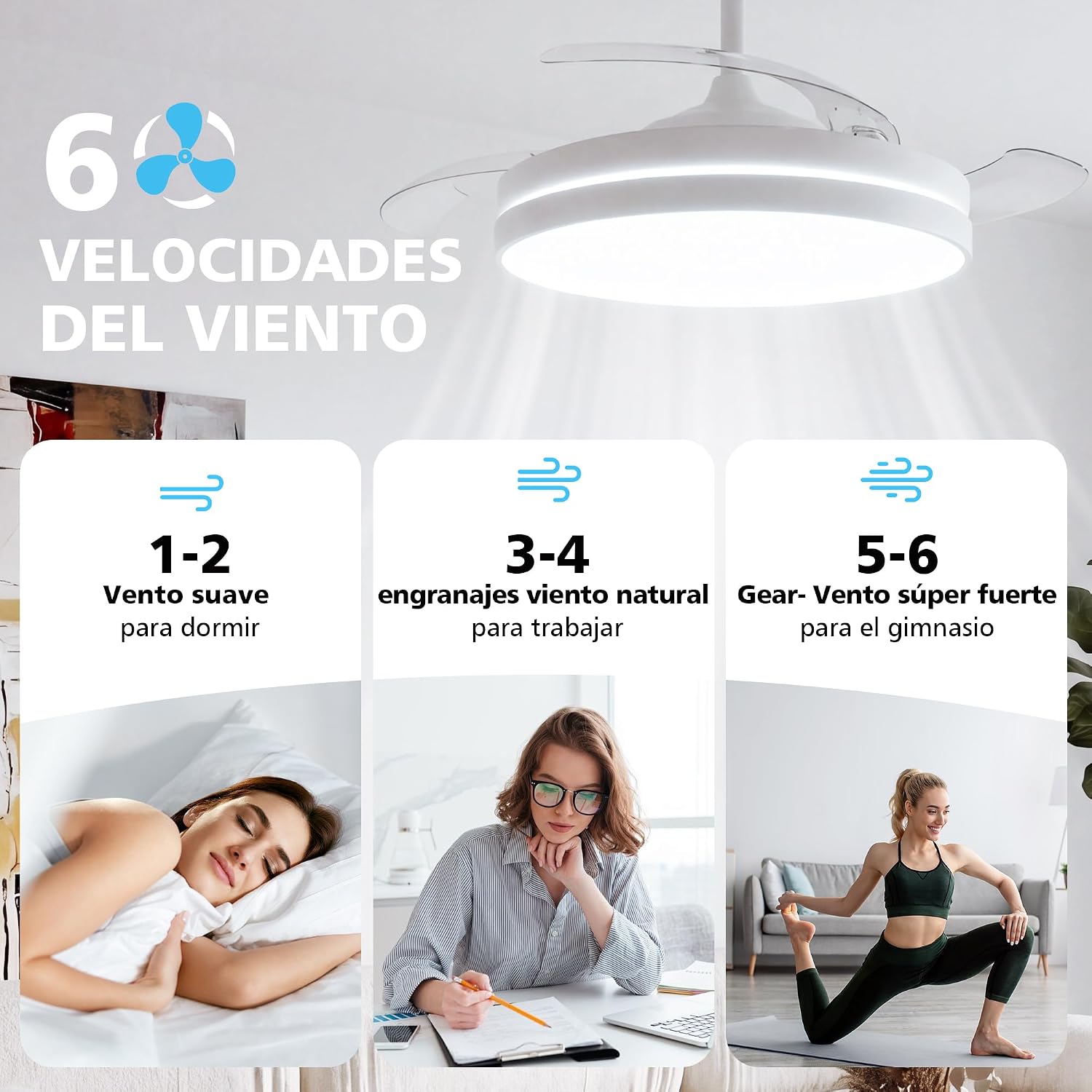 Thumbnail 5 de NIORSUN Ventilador de techo con luz 42" (106 cm) con aspas retráctiles, 3 tonalidades de luz, control por APP y mando, 6 velocidades
