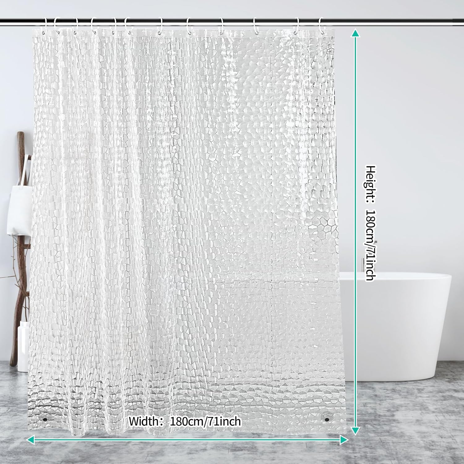 Detalle de OTraki Clear Shower Curtain 180 x 180 cm: Extra Long 3D Design, Anti-Mould, Waterproof with 12 Hooks