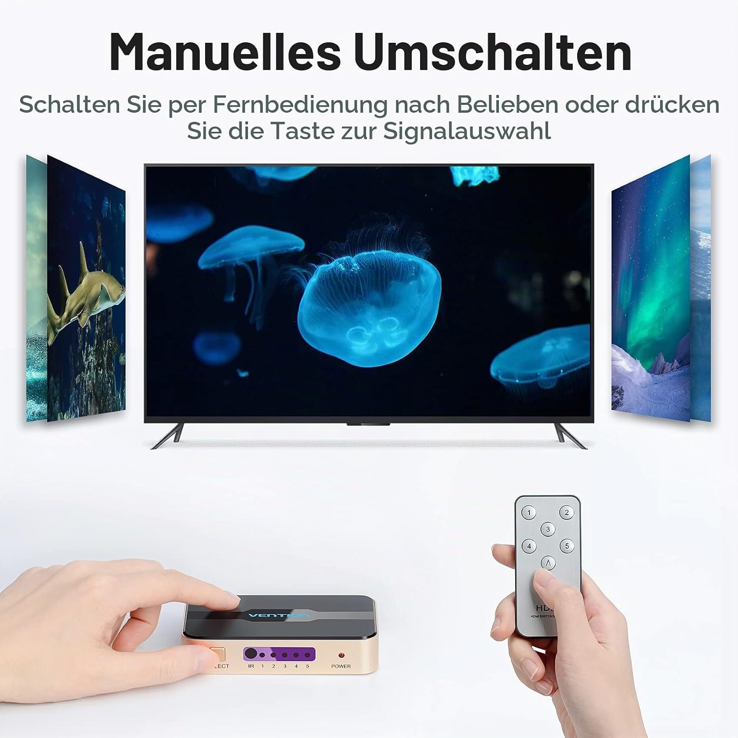 Thumbnail 2 de HDMI Switch 4K 5 in 1 Out – 4K@30Hz, 3D, IR-Fernbedienung, Kompatibel mit PS5/PS4/Xbox/DVD/Blu-ray