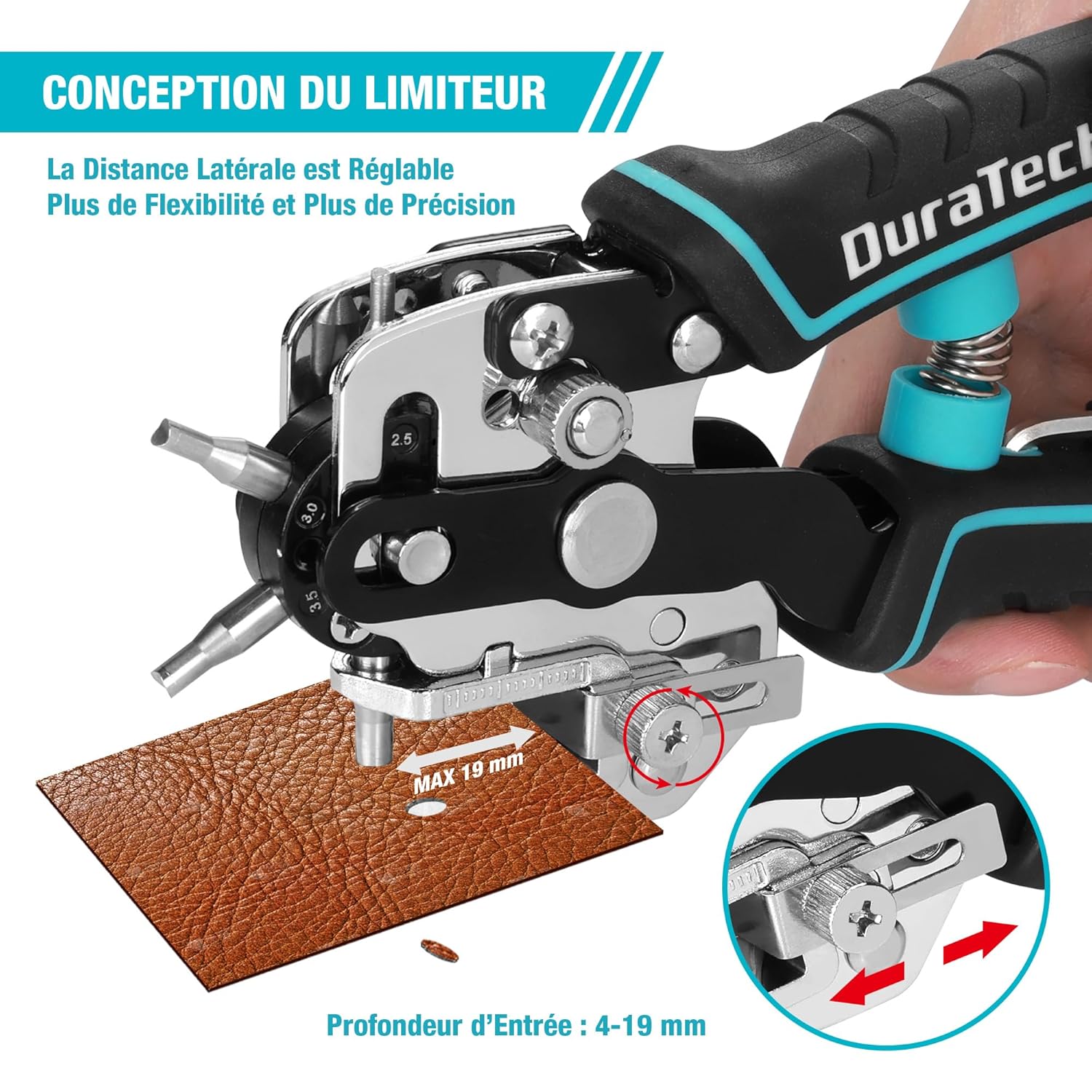 Detalle 2 de DURATECH Pince Perforatrice Rotative à 6 tailles de poinçon – Perforation précise pour cuir, tissu, papier et plus