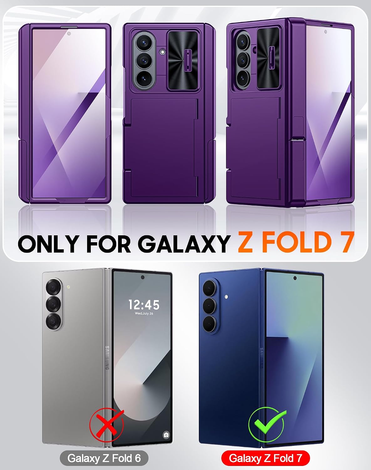 Detalle 2 de Vizvera for Samsung Galaxy Z Fold 7 Case with RFID Wallet, Stand & HD Tempered Glass (Purple)