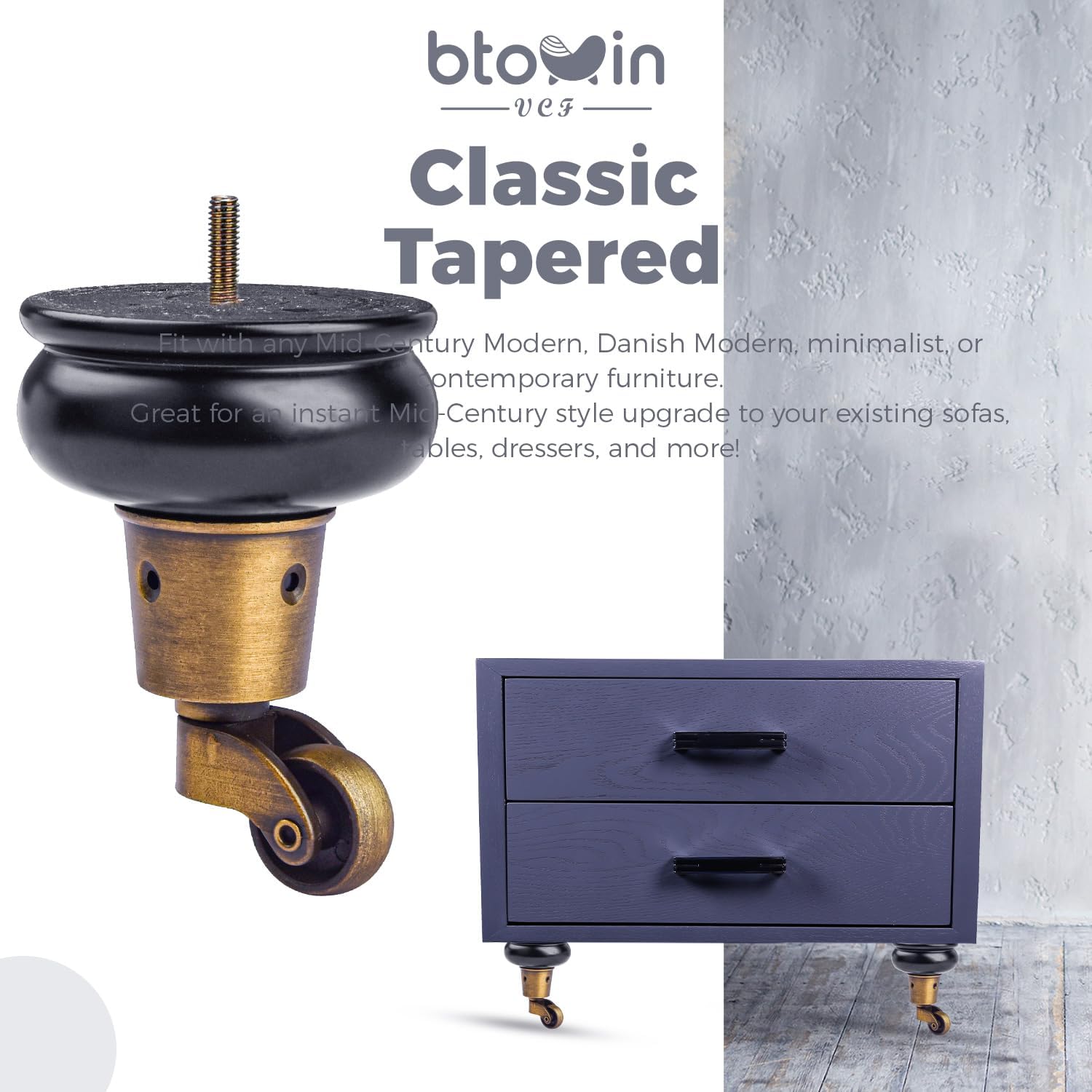 Detalle 2 de Btowin 4-inch Solid Wood Furniture Legs with Swivel Casters, M8 Bolts and Walnut Finish