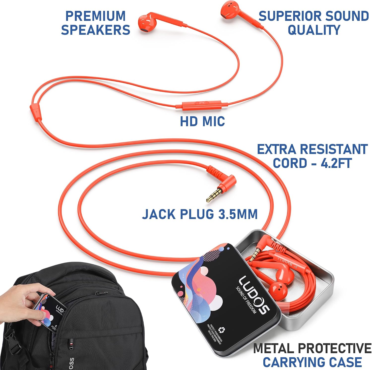 Detalle 2 de LUDOS FEROX Wired Earbuds: In-Ear Headphones with Microphone, 5-Year Warranty, 3.5mm Jack – Coral