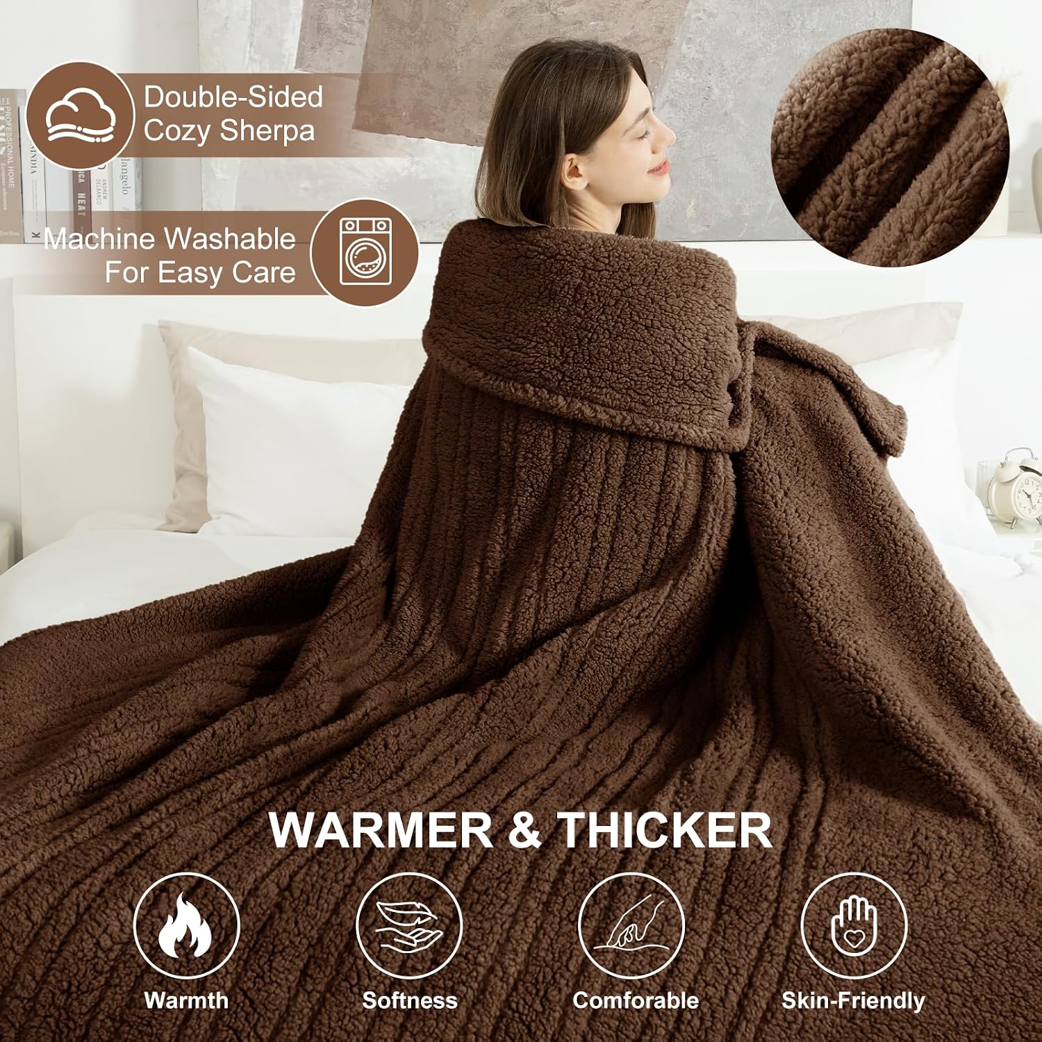 Detalle de LUZARTA Full-Size Heated Blanket, 72" x 84", Double-Sided Sherpa, 6 Heat Levels