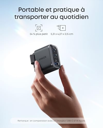 Detalle de Anker Nano Chargeur USB-C 70W à 3 Ports — Charge rapide et compact avec câble inclus