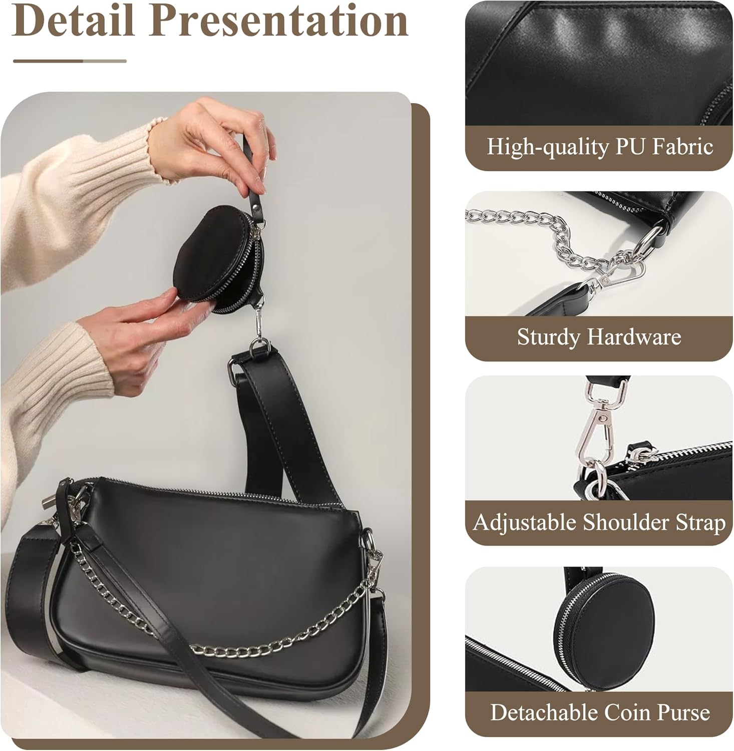 Thumbnail 4 de Borsa da donna Mabecol con tracolla regolabile nera, elegante mini-borsetta per ufficio e serate