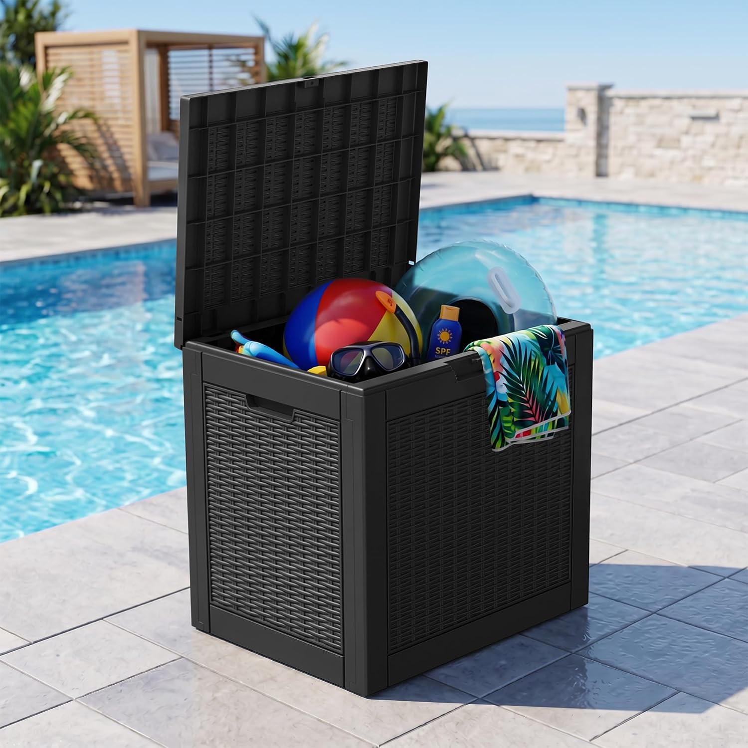 Thumbnail 6 de WTFGO TT005-BK-1 31-Gallon Waterproof Resin Deck Box, Rattan Black