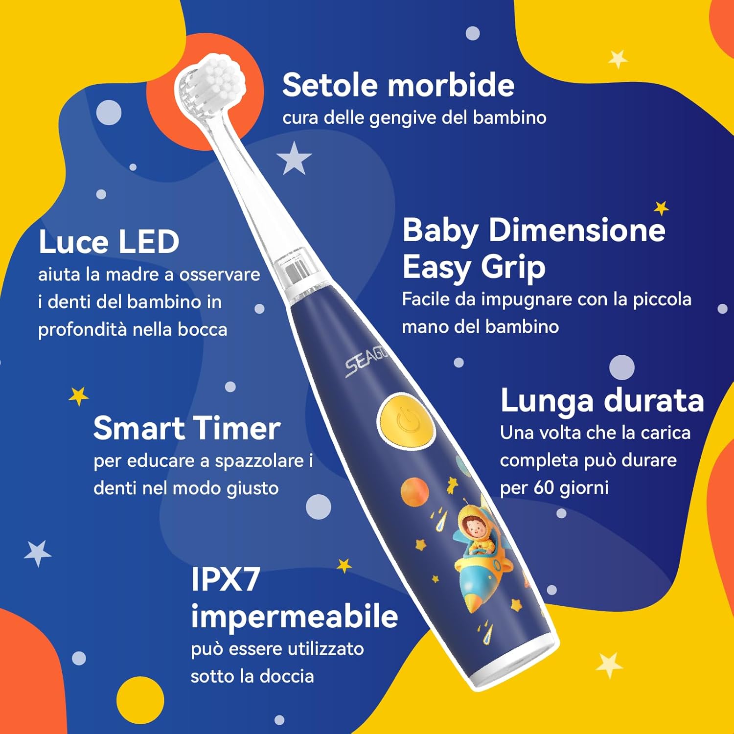 Thumbnail 2 de Seago SG-2159 spazzolino elettrico per bambini (0-6 anni) ricaricabile con 8 testine morbide, LED colorati e timer 2 minuti