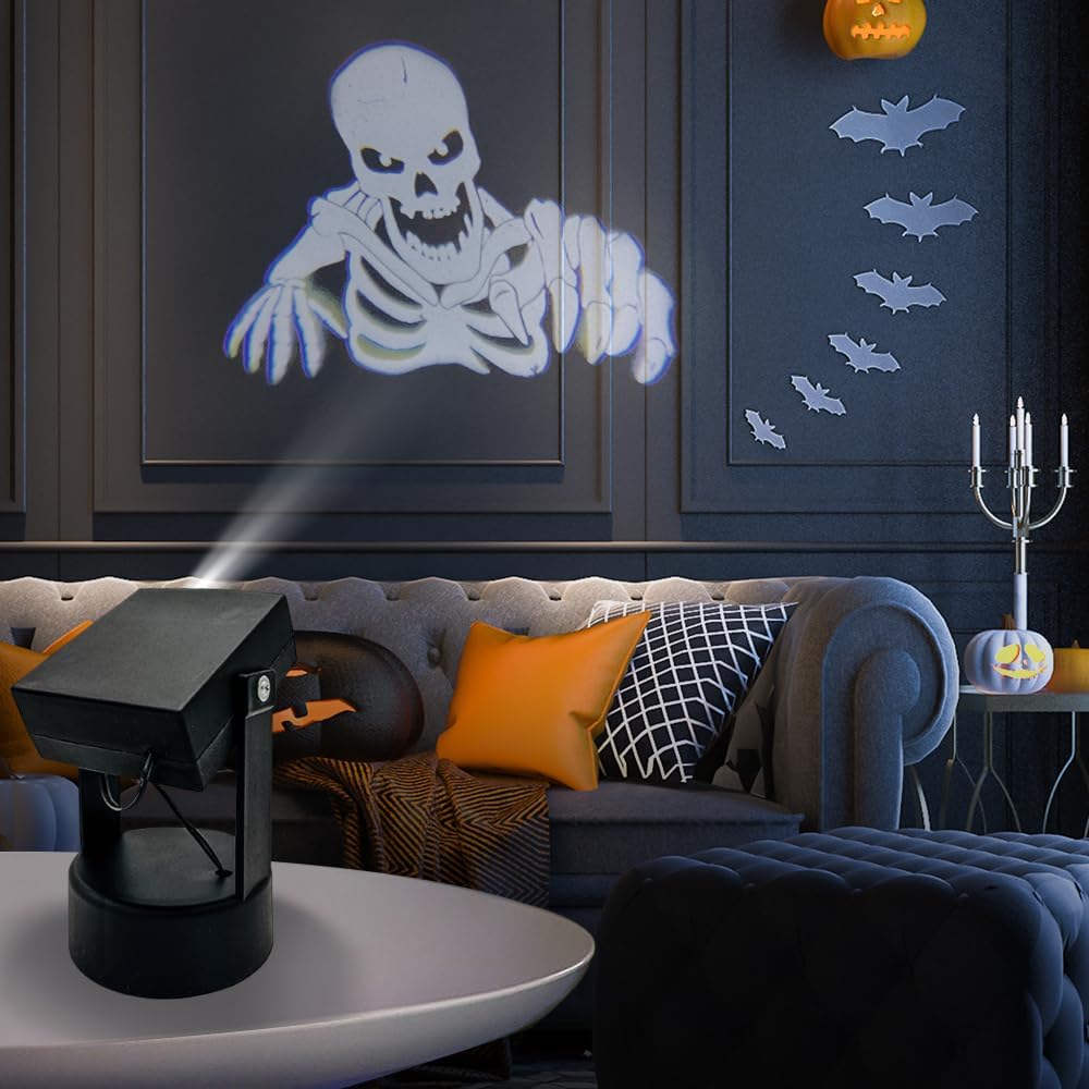 Thumbnail 1 de Bseical Halloweenprojektor med dynamisk 3D-dödskalleprojektion, LED och batteridrift