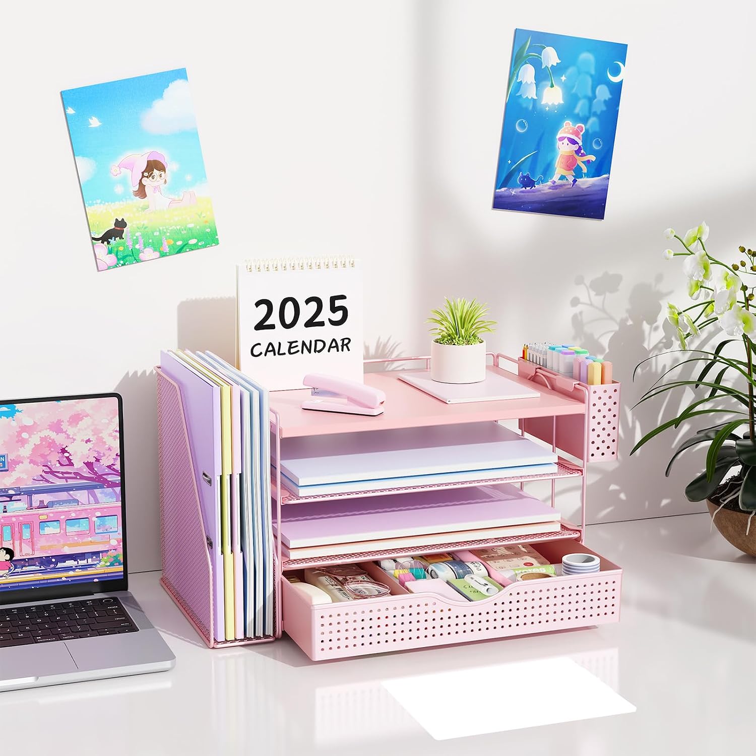 Thumbnail 6 de Pink 4-Tier Wood Desk Organizer with Drawer, File Rack, and Pen Holder