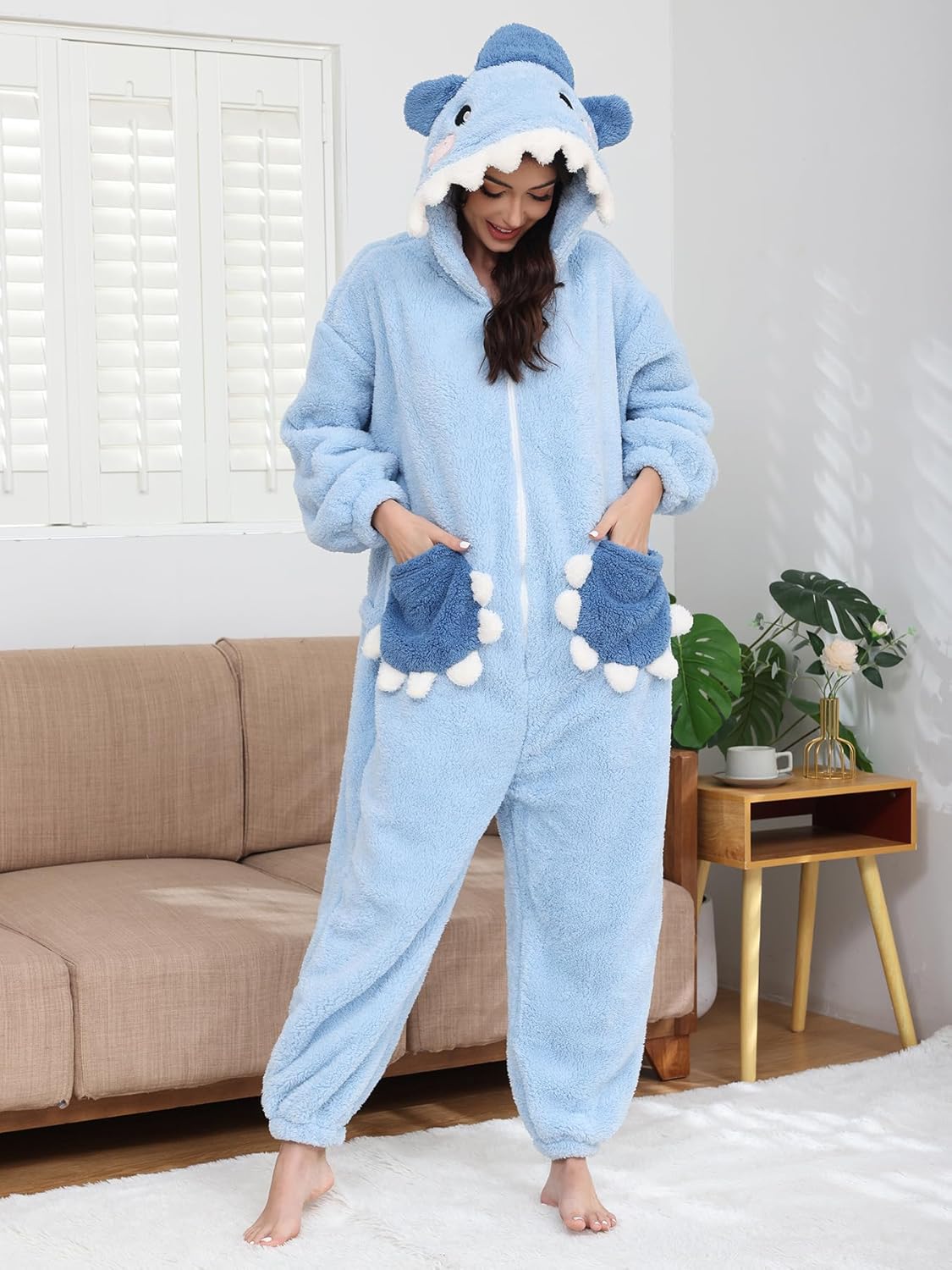 Thumbnail 3 de Chuangminghangqi Pyjama une pièce pour femme – Combinaison polaire requin, décontractée et chaude