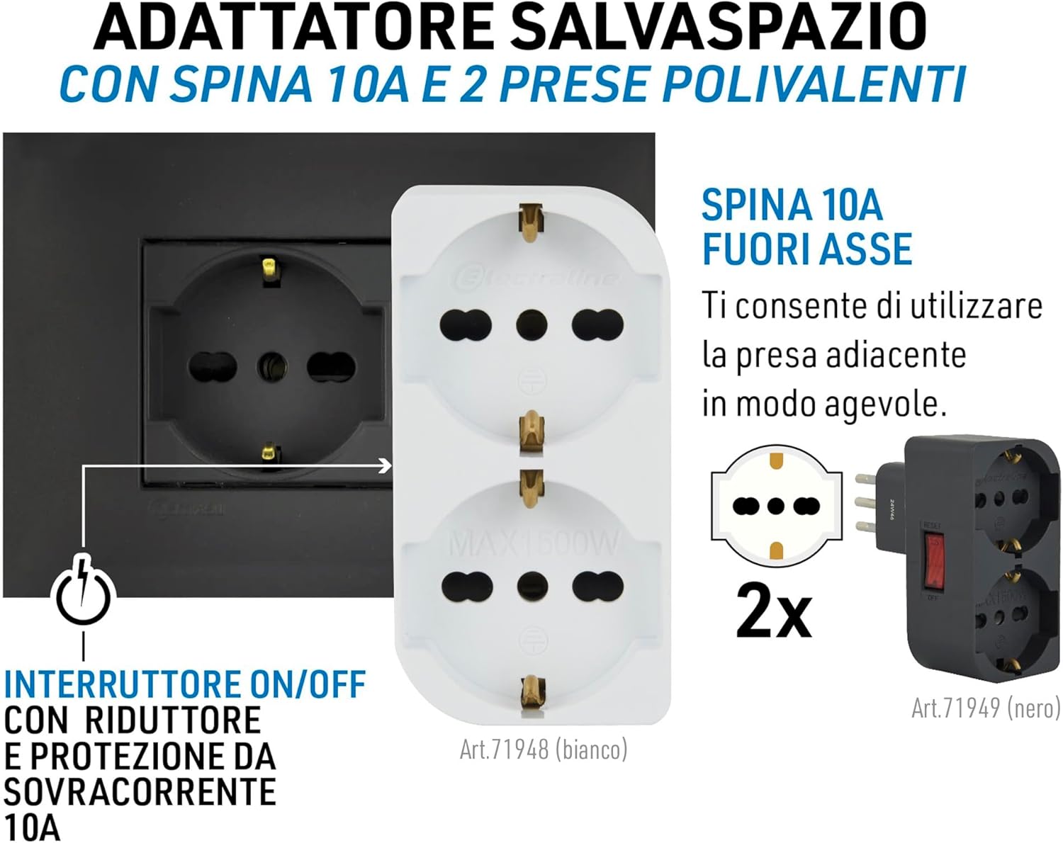 Thumbnail 2 de Adattatore Doppio Salvaspazio Electraline 71948: due prese P40 con spina italiana 10A e interruttore ON/OFF