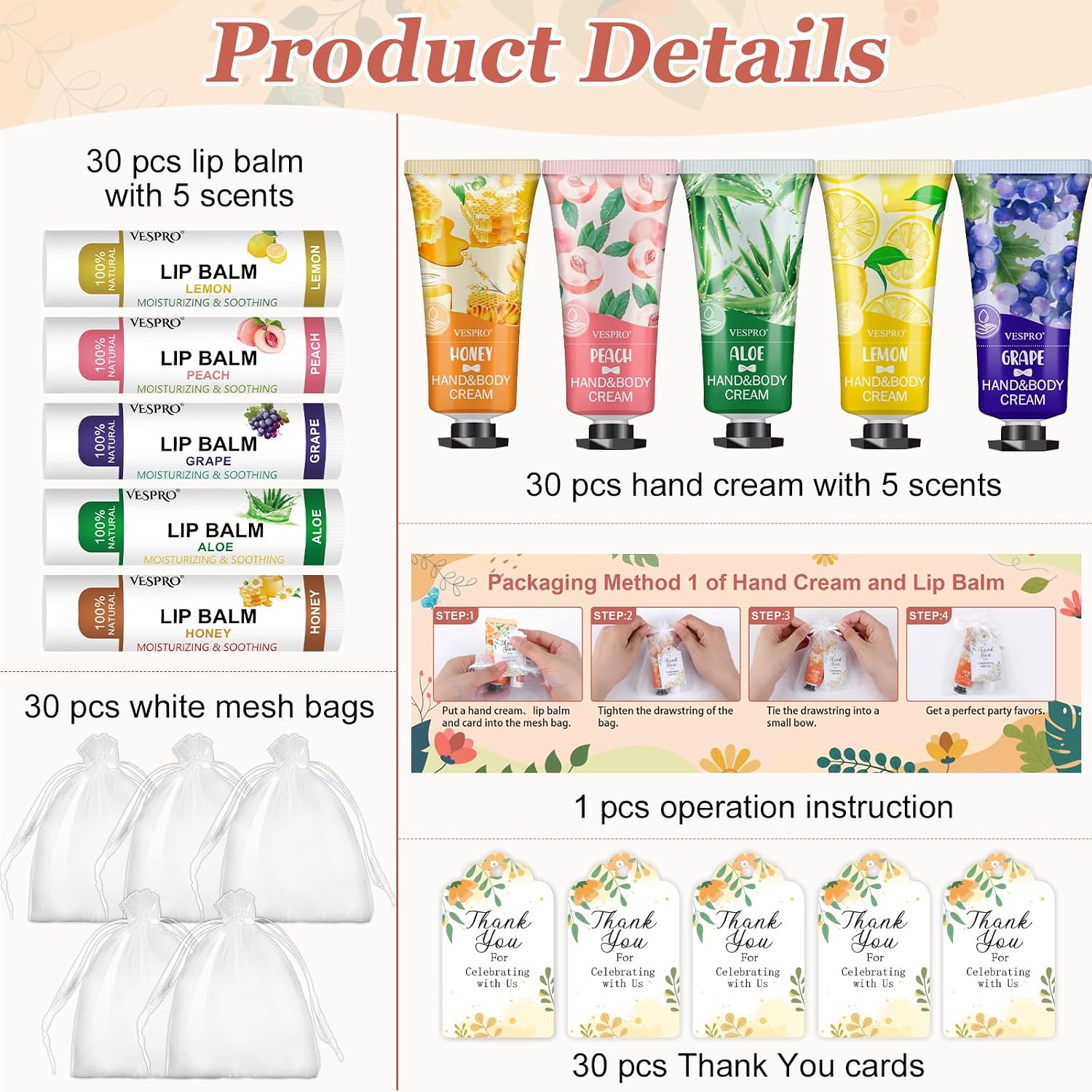 Detalle de VESPRO 30-Pack Bulk Hand Cream & Lip Balm Gift Set