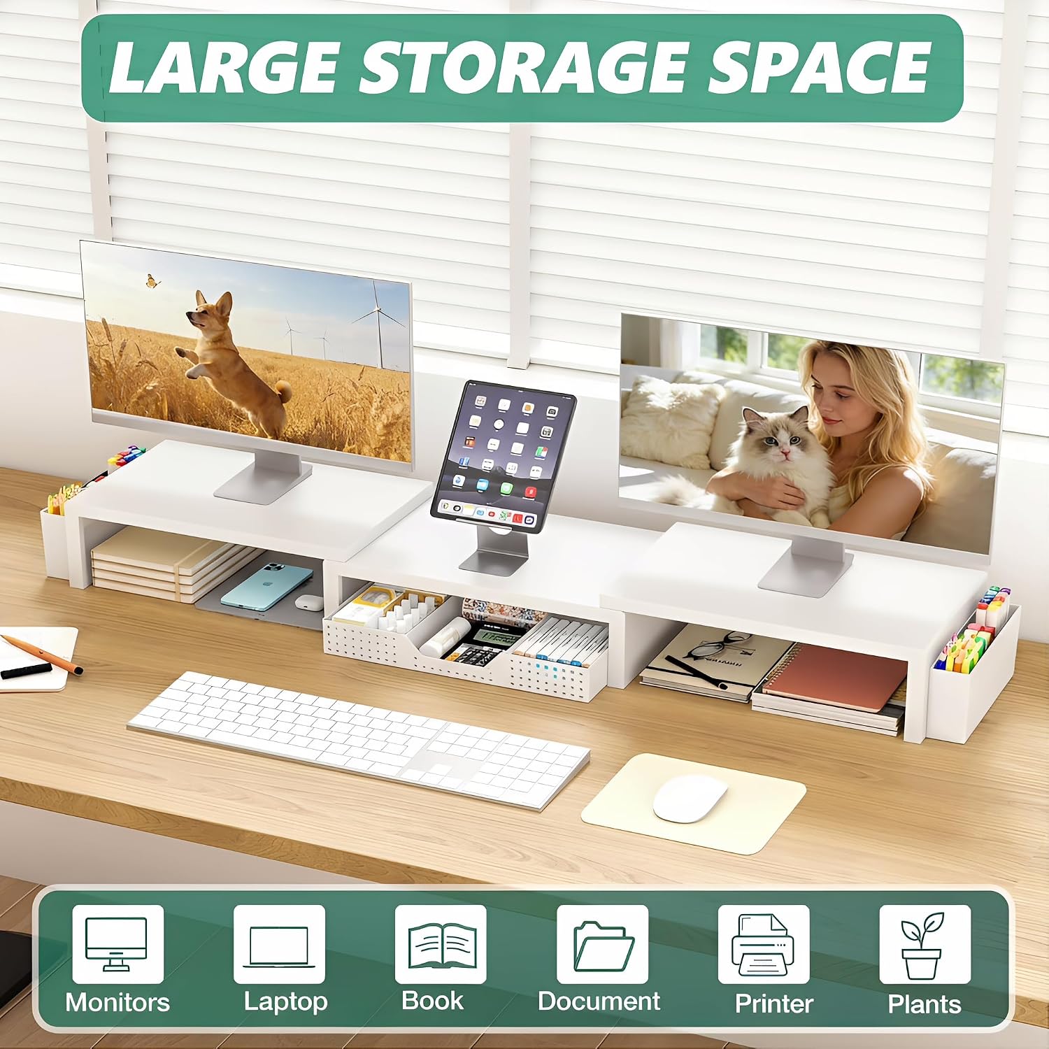 Thumbnail 5 de OPNICE Desk Organizer Monitor Stand with Drawer, 2 Pen Holders, White