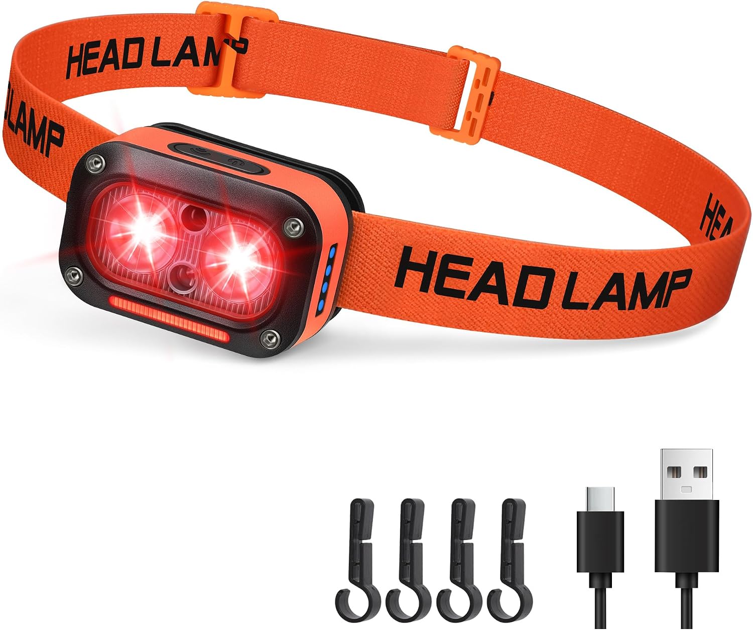 Detalle de DARKBEAM F01-RR rode LED-hoofdlamp met bewegingssensor en USB-C