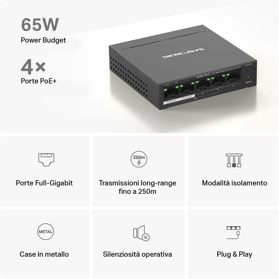 Thumbnail 3 de TP-Link Mercusys MS105GP: Switch PoE+ a 5 Porte Gigabit con Alimentazione Integrata (4 PoE+)