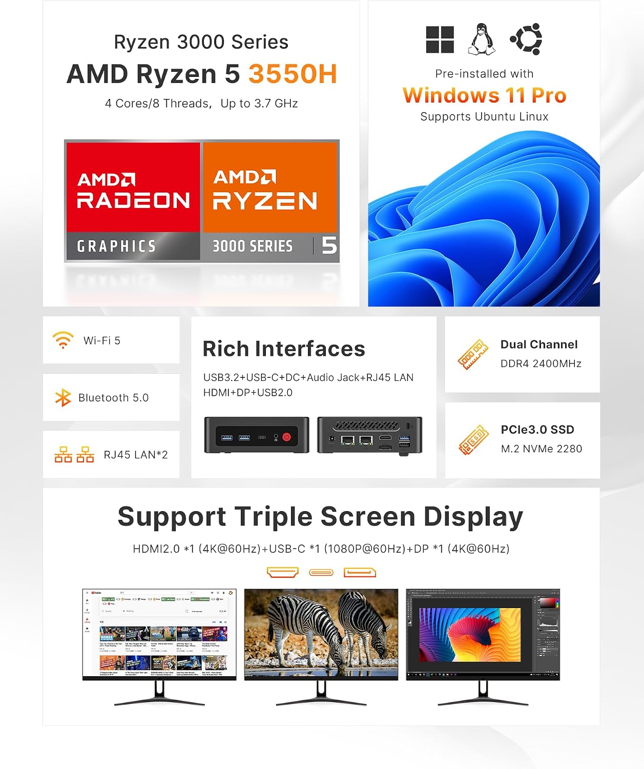Detalle de BOSGAME E4 Home-Office-Mini PC with Ryzen 5 3550H