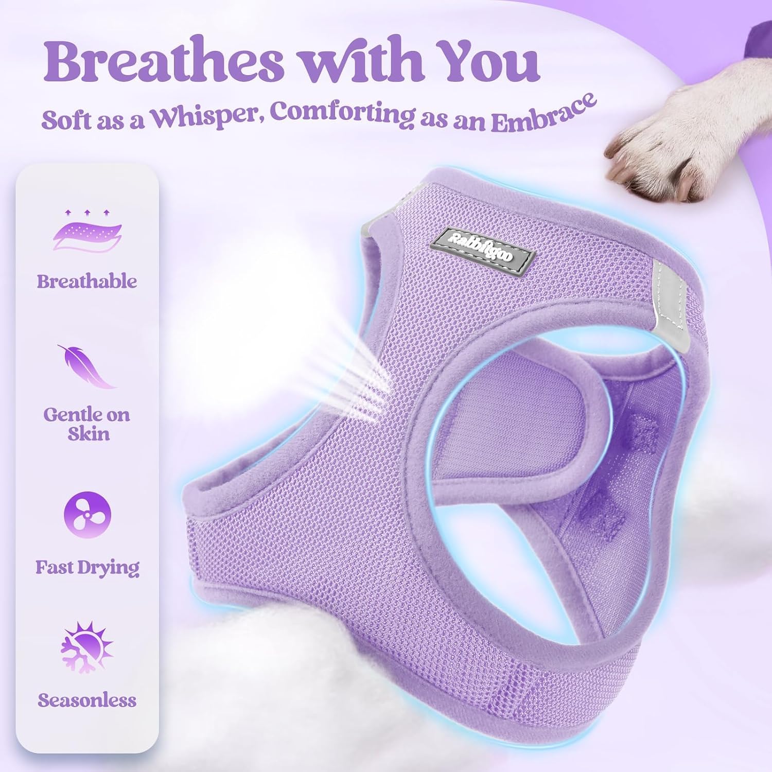 Detalle de rabbitgoo Small Dog Step-in Soft Mesh Harness & Lead Set (Reflective Strips) – Light Purple, S