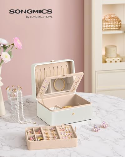 Detalle de SONGMICS Caja Joyero con Espejo GISELLA, 2 Niveles – 17,6 x 22 x 11 cm