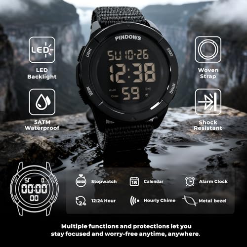 Detalle de PINDOWS Herren Digitaluhr – Militär, Outdoor & Sport, 50 m Wasserdicht