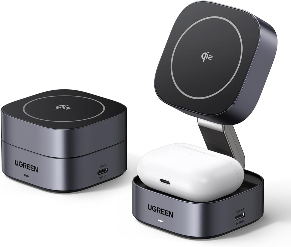 Detalle de UGREEN MagFlow Qi2 15W Chargeur Induction 2 en 1 – MagSafe et AirPods, pliable et ajustable