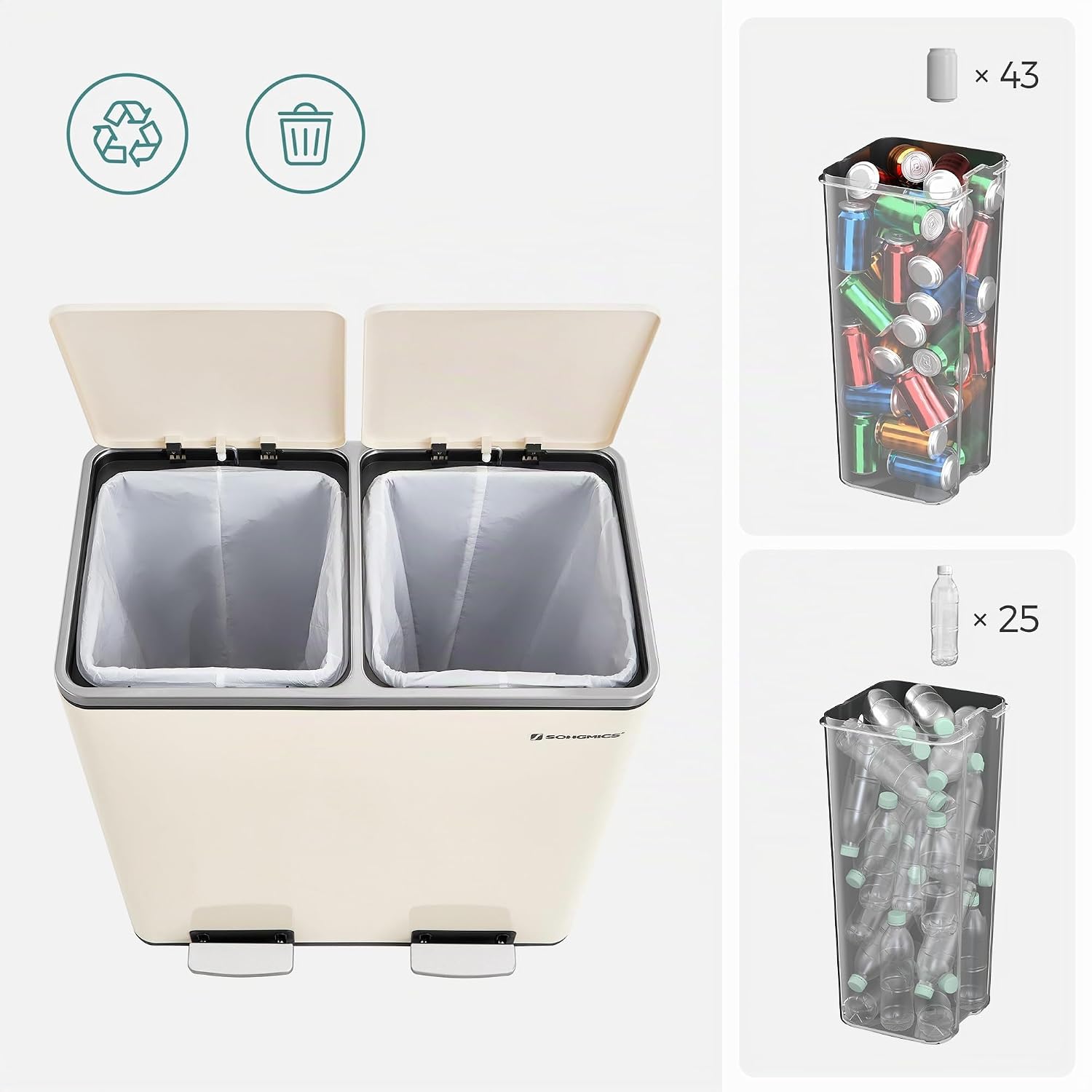 Detalle de SONGMICS Mülleimer 2x30 L – 2 Fächer, Mülltrennsystem, Treteimer mit Softclose und 15 Müllsäcken (Mandelfarben, LTB060A01)