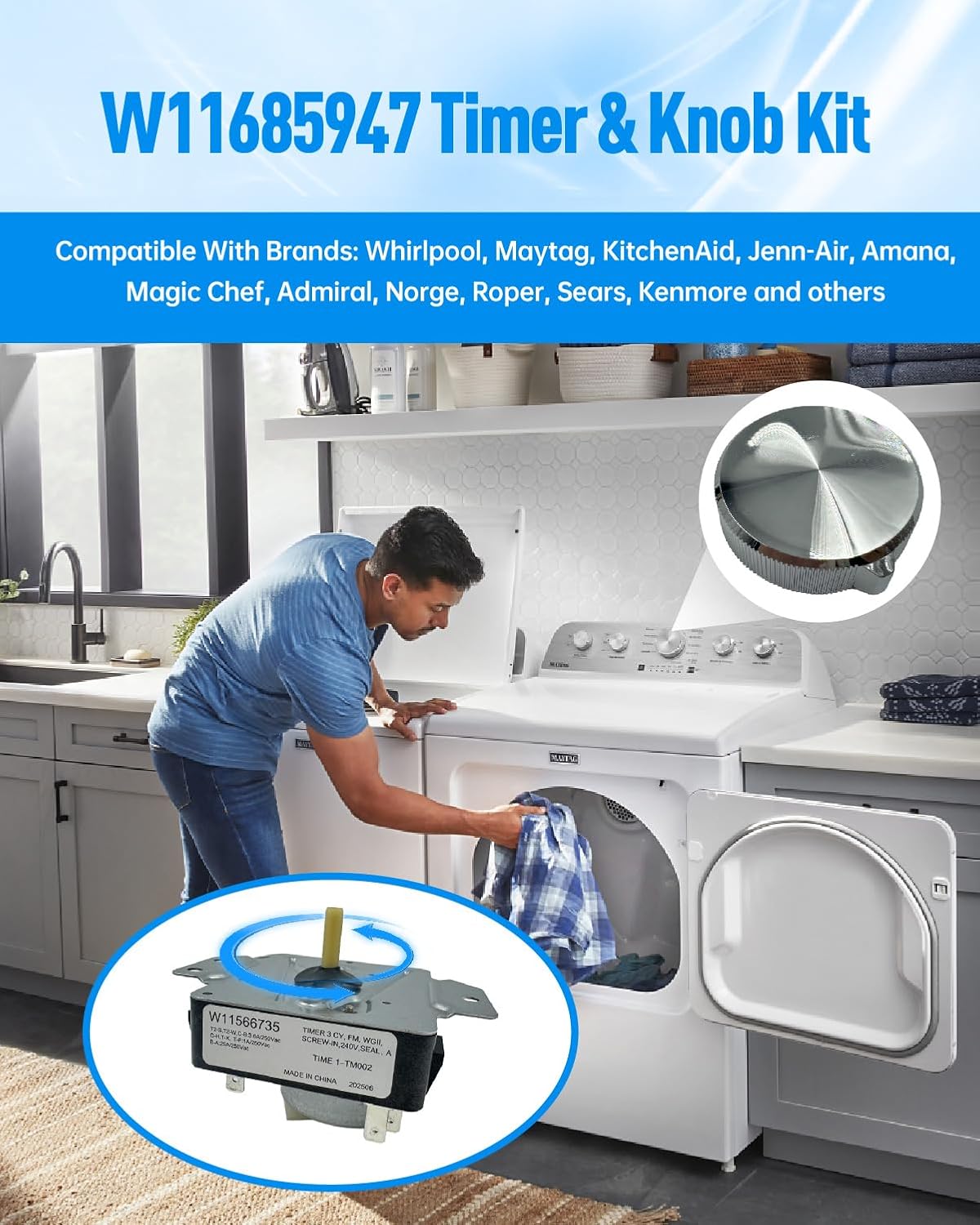 Detalle 2 de eosorssa W11685947 Dryer Timer and Knob Kit, 220 VAC, 60 Hz