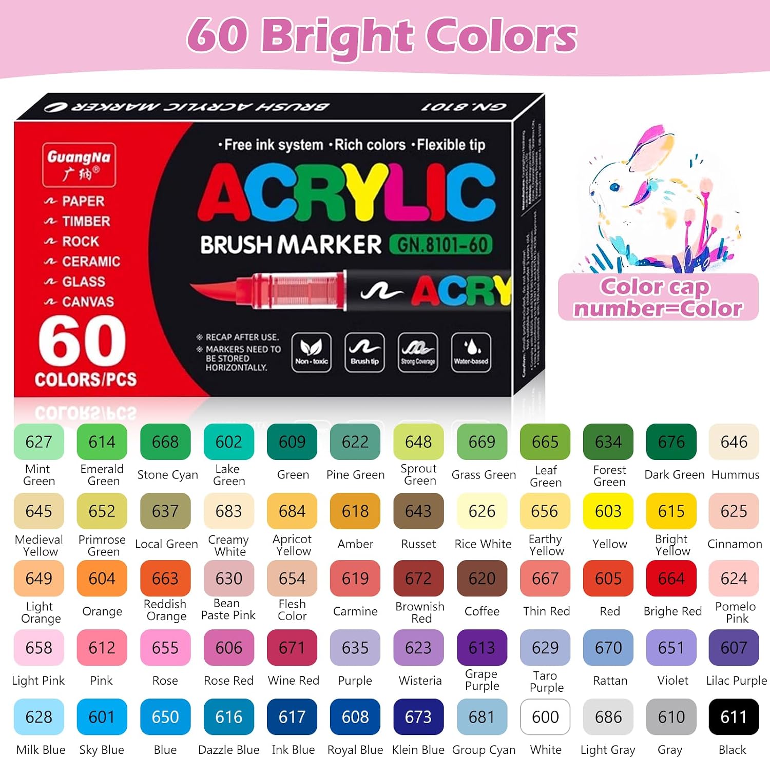 Detalle 2 de Vakki 60 Acrylstifte – wasserfeste Acrylmarker mit Pinselspitze, 1–6 mm, ideal zum Bemalen von Stein, Glas, Holz, Keramik & Leinwand