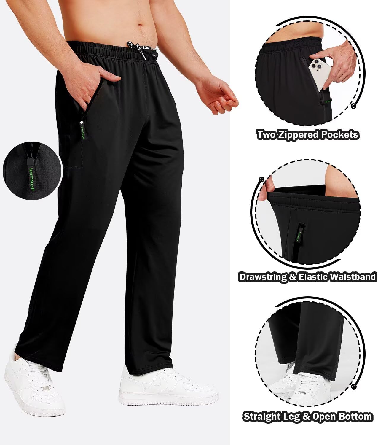 Detalle de lomsoe 3-Pack Men’s Athletic Pants with Zip Pockets (Lightweight Workout Sweatpants)
