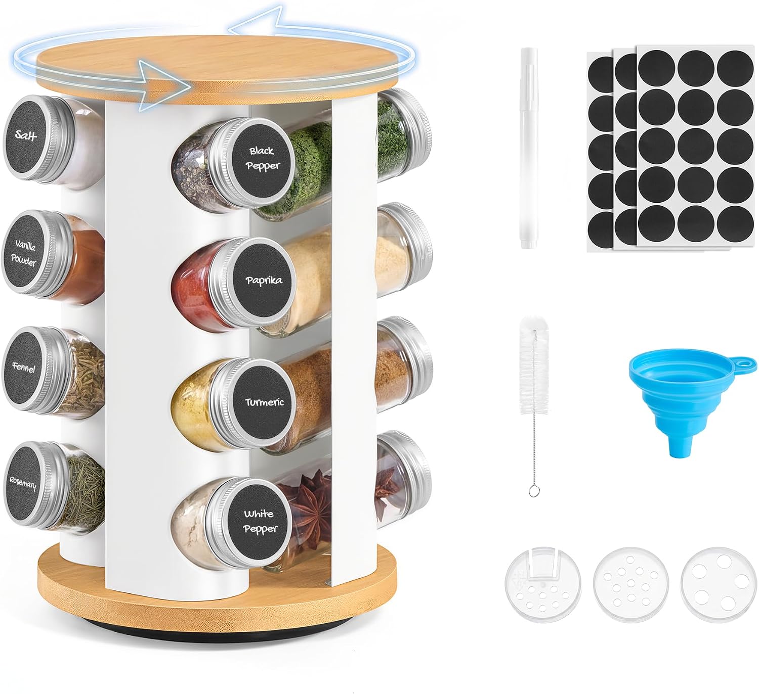 Detalle de SONGMICS KCS256W101 Rotating Spice Rack, 16 Glass Jars, Bamboo and Matte White