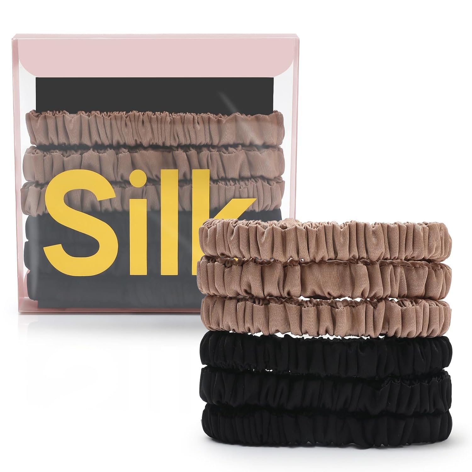 6Pcs Mulberry Silk Slip Skinny Hair Scrunchies (22 Momme) — 2-Color Ponytail Holders for Women & Girls, Color 02