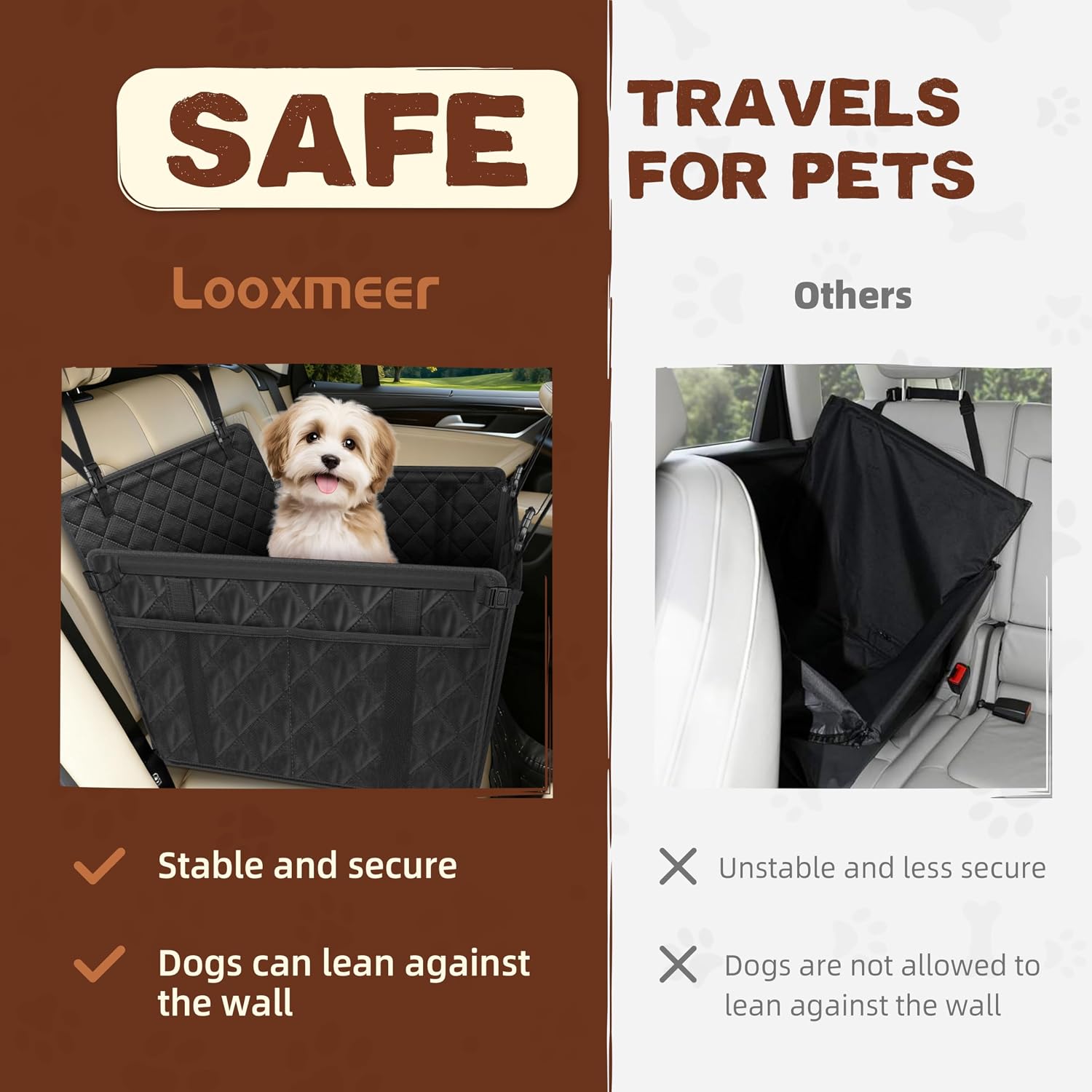 Detalle de Looxmeer Extra Stable Dog Car Seat with Seat Belt: Waterproof, 4 Storage Pockets, Up to 26kg