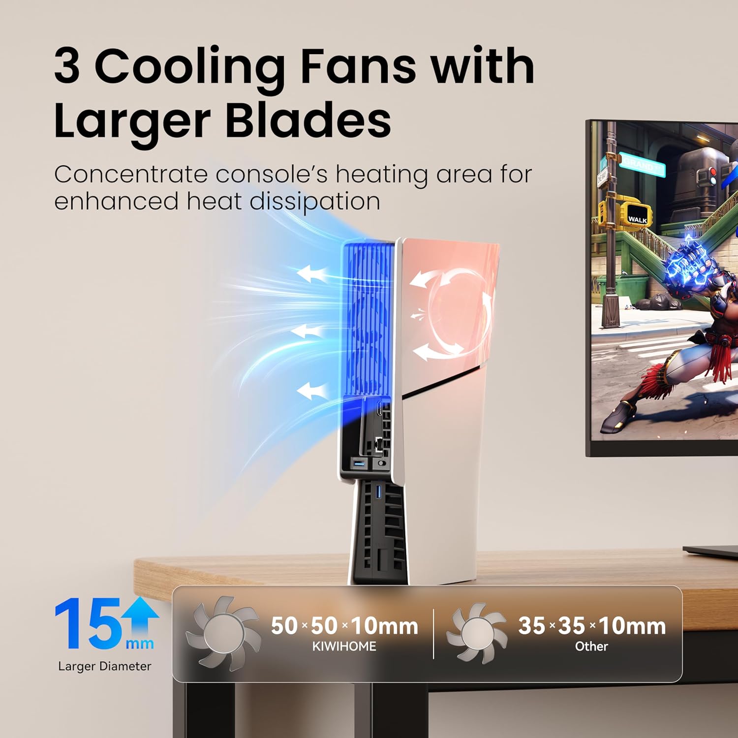 Detalle de KIWIHOME Cooling Fan for PS5 Slim: Efficient Triple-Fan Cooling with USB Passthrough