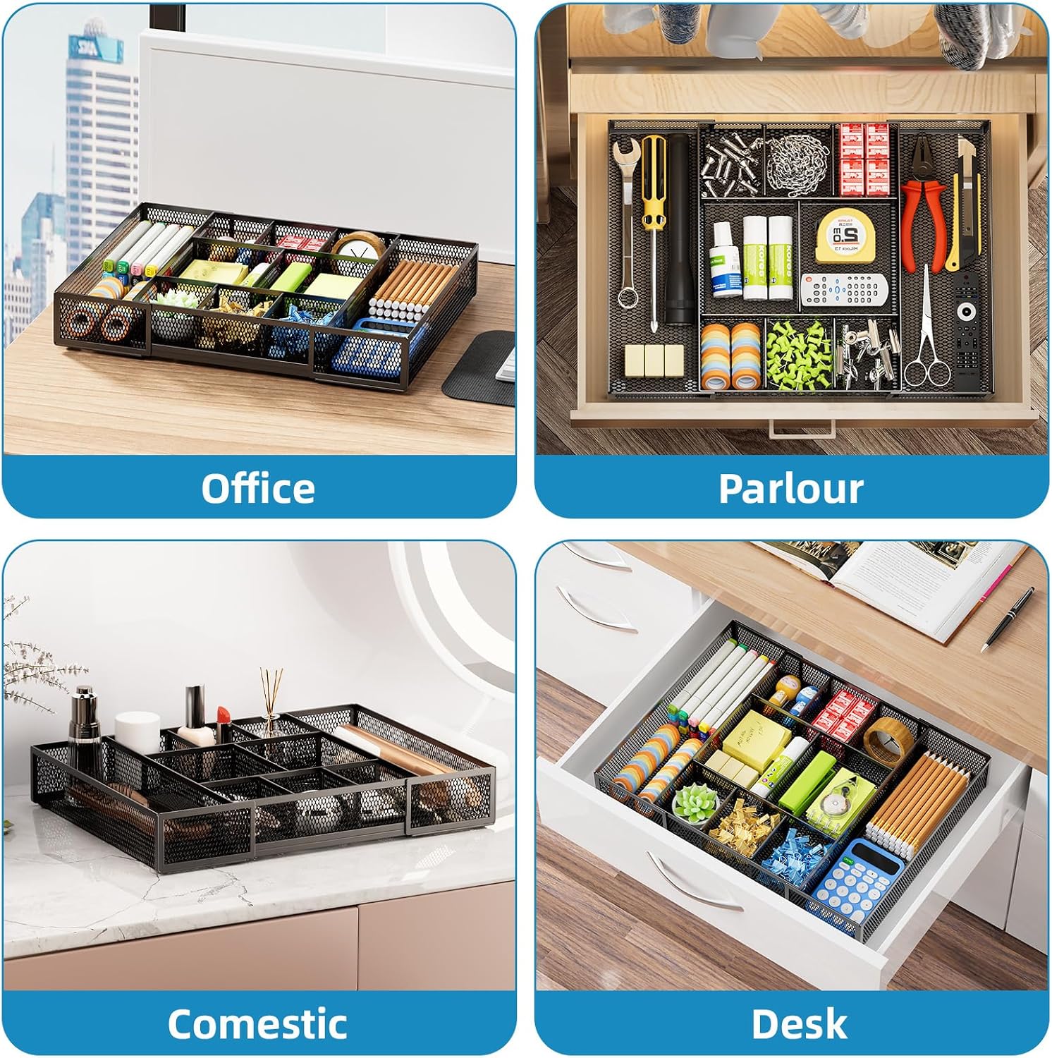 Detalle de Marbrasse Black-2P Expandable Mesh Desk Drawer Organizer, 10 Compartments