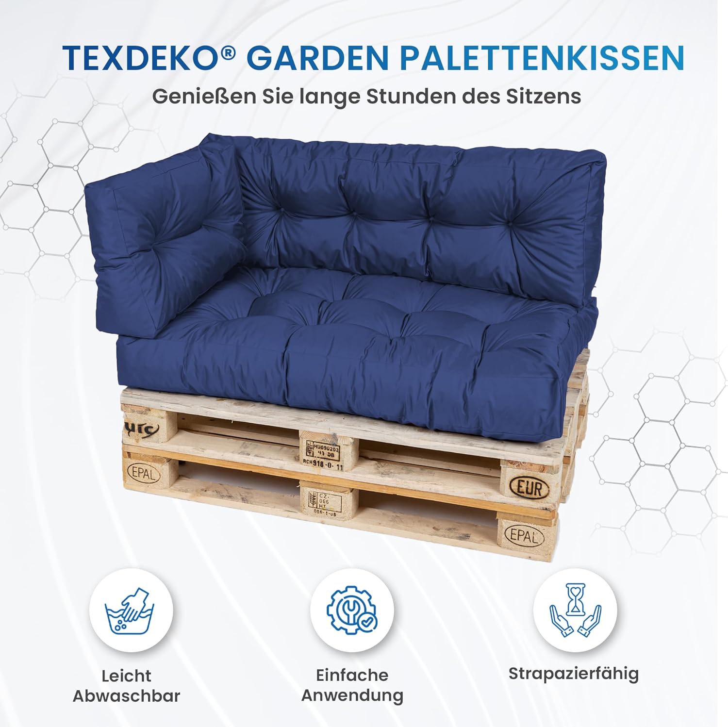 Detalle de TexDeko® Garden Palettenkissen 120x80x18 cm (2-teilig) wasserabweisend, UV-beständig – Premium Sitzkissen für Europaletten