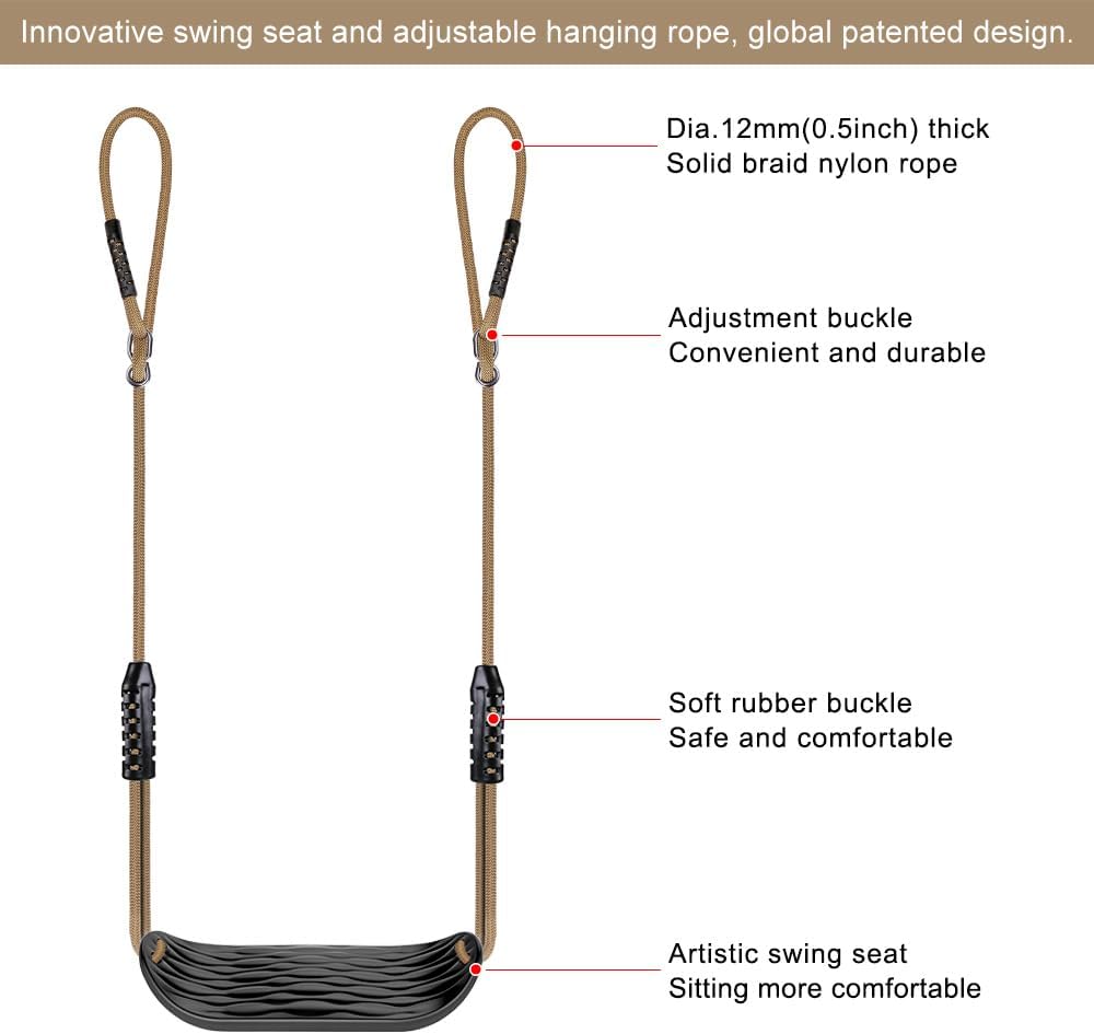 Detalle de SELEWARE Kunststoff-Schaukelsitz-Set (2er-Pack) mit verstellbarem Seil & 4 Karabinern – rutschfest, schwarz