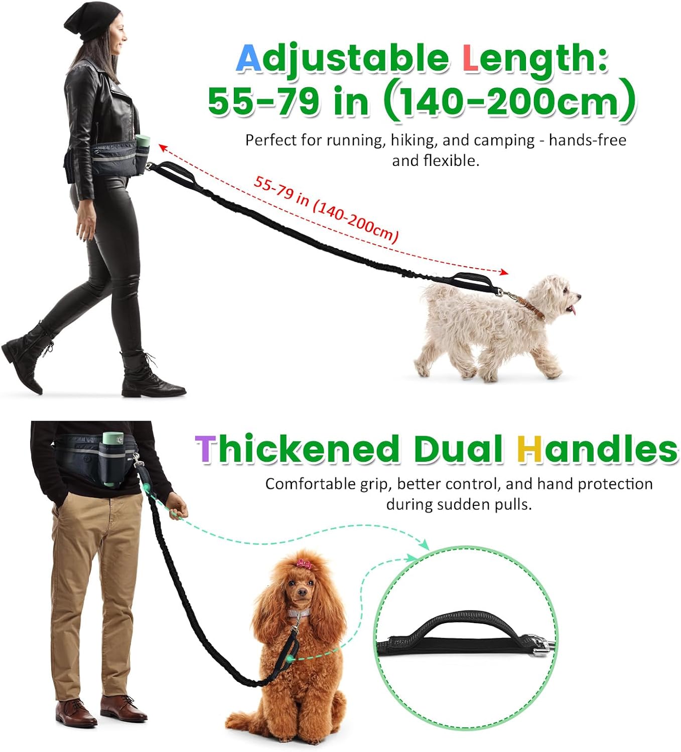 Detalle de WANFRIE Freihandleinen Hundeleine mit Bauchtasche – robust, reflektierend und komfortabel für große und mittelgroße Hunde