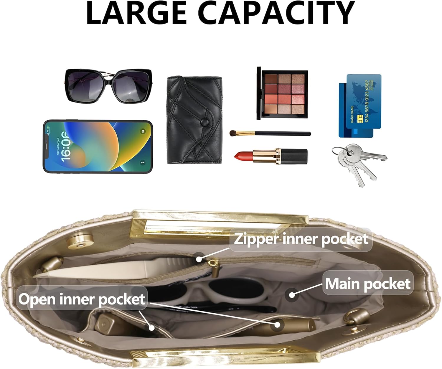 Thumbnail 4 de Milisente sac à main élégant pour femme en paille imperméable, poignée métal, idéal pour mariage