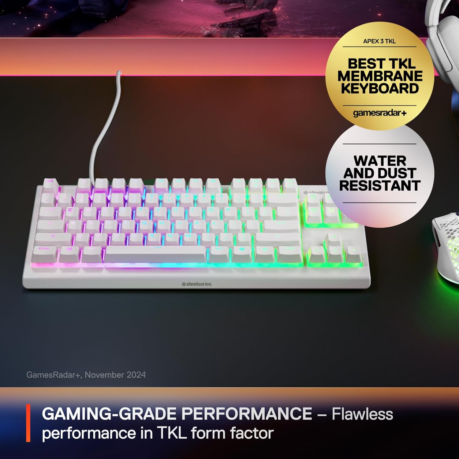 Thumbnail 1 de SteelSeries Apex 3 TKL White RGB Gaming Keyboard (Tenkeyless) with 8-Zone Illumination