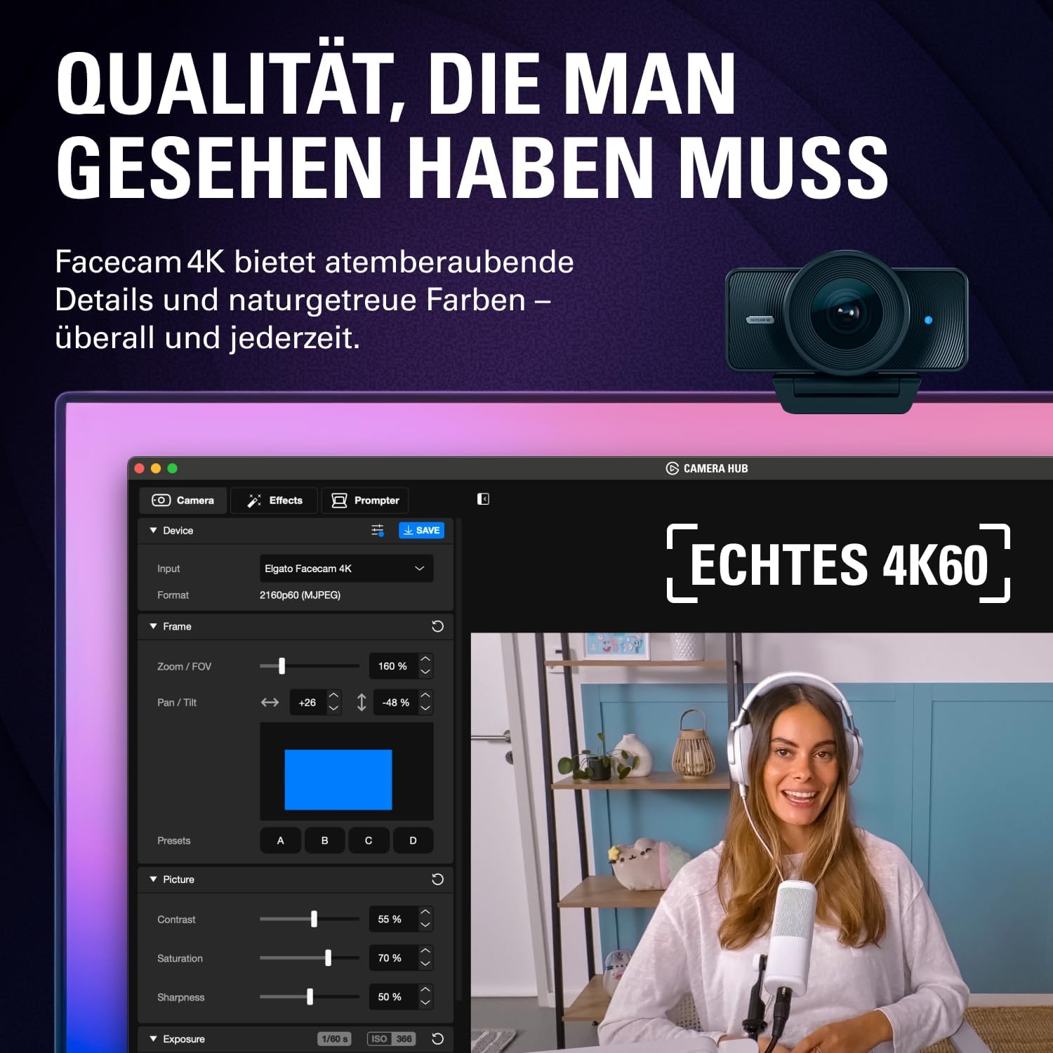 Thumbnail 1 de Elgato Facecam 4K – DSLR‑nahe Bildqualität, 4K60/UHD webcam mit Filterhalter und HDR