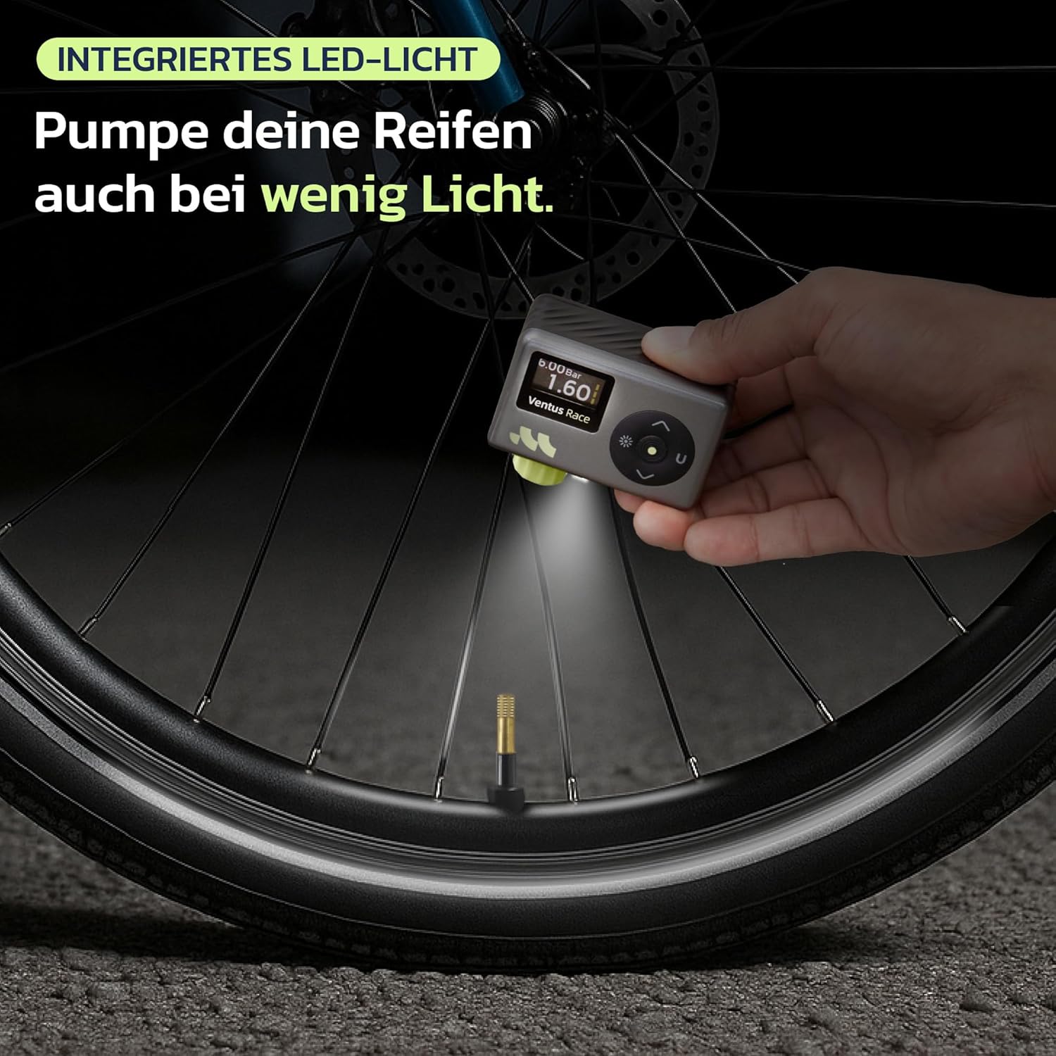 Thumbnail 6 de Woowind Ventus Race elektrische Fahrradpumpe – Mini-Kompressor für Presta & Schrader, bis 120 PSI, LED-Licht
