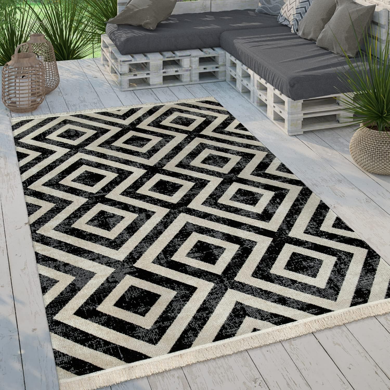 Detalle de Paco Home Moderner Outdoor Teppich Grau-Weiß 60x100 cm – Geometrisches Rauten-Muster, Wetterfest & Pflegeleicht