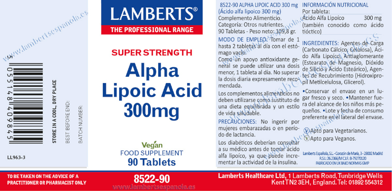 Thumbnail 1 de Lamberts Ácido Alfa Lipoico 300 mg 90 tabletas 💊