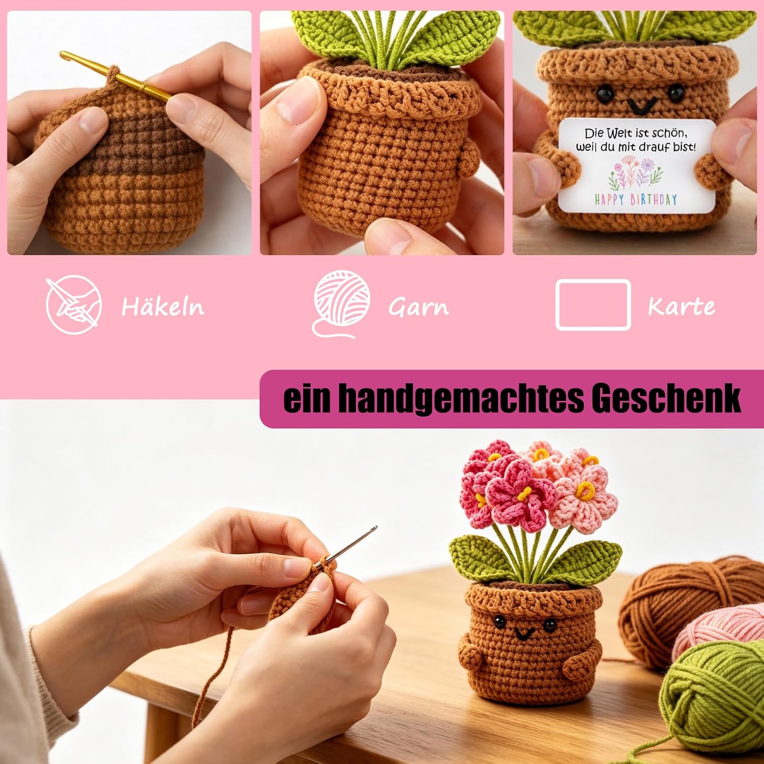 Detalle de Tixlux Rosa Vergissmeinnicht – Handgehäkelte Herzblume als Geburtstagsgeschenk für Frauen