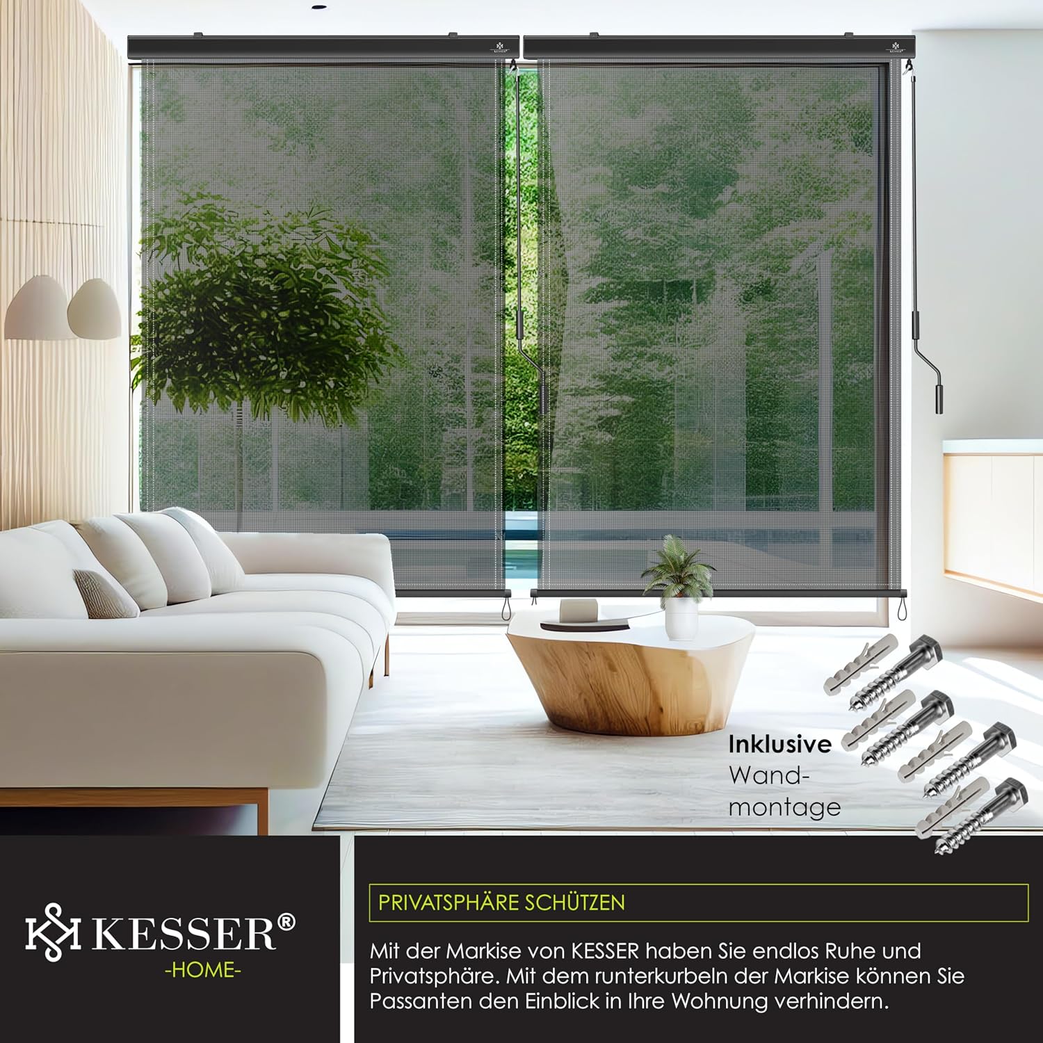 Detalle de KESSER® Senkrechtmarkise 140x250 cm Außenrollo mit Handkurbel – Balkon- & Terrassenschutz